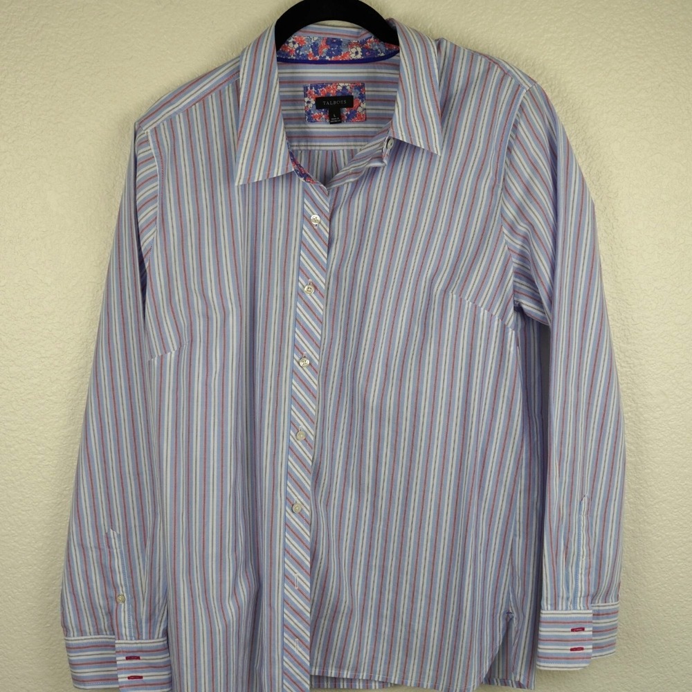 Talbots Striped Button Down‎ Shirt Floral Trim Cuffs Size L